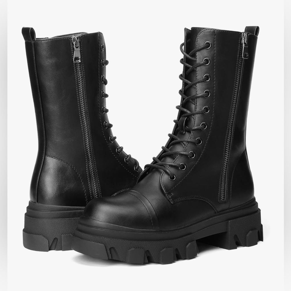 Dream Pairs Women's Black Combat Boots Lace Up Mid Calf Chunky Platform Heel 8